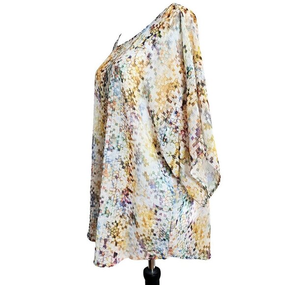 One World Moroccan Zellige Print Short Flutter Sleeve Sheer Blouse - Picture 2 of 7